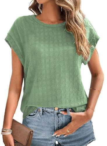 Cuptacc Blouse Femme Col Rond Top Manche Courte Plaid Couleur Unie Haut Long Élégant Vert, Grand L 42-44