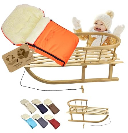 KOMBI-erbjudande träsläde med ryggstöd och dragrep universell vinteråkpåse (90 cm), lämplig för babystol, barnvagn, buggy, ull UNI (orange)