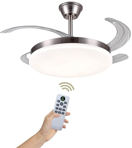 LUMIKING Ventilador de Techo Luz LED 48W Retráctil y Silencioso - Lámpara Ventilador Aspas Plegables con 3 Tonos de Luz (3000-4000-6000K) - 6 Velocidades, Memoria, Modo Verano Invierno, Ø92 cm