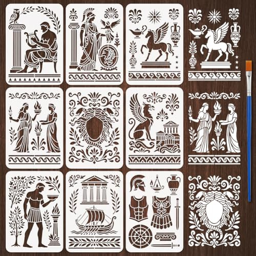 FINGERINSPIRE 9 Pezzo di Stencil per la Cultura Greca Antica per Dipingere con Pennello, 21x29.7cm Stencil di Persone Antiche Stencils di Simbolo Architettonico Cavo Stencils di Tema Architettonico