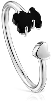 TOUS Anillo de Plata de Primera Ley con Motivo Corazón y Oso en Ónix para Mujer, Talla 14-16, Colección Mini Color