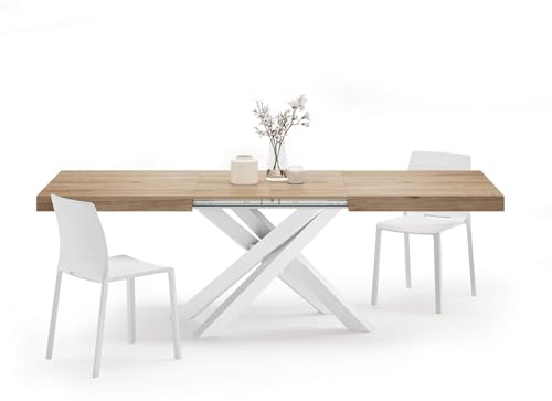 MOBILI FIVER, Table Extensible Emma 160(240) x90 cm, Chêne Clair avec Pieds Croisés Blancs, pour 6-10 Personnes, Table Extensible pour Cuisine, Salon, Made in Italy