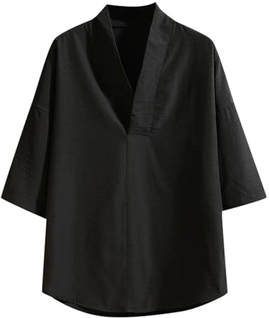 Chemise homme vêtements traditionnels kimono de style japonais chemise unie col en V coupe ample t-shirt lin sept dixièmes chanvre blouse respirante légère tops, Noir , XXXXL