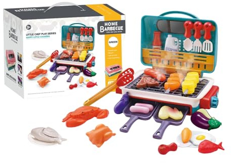 Ensemble de Jeu de Gril pour Enfants, Gril Jouet simulé à Changement Couleur avec fumée, lumière et Musique, 2 Modes Jeu Amusants, Accessoires Cuisine pour Filles, garçons et Enfants