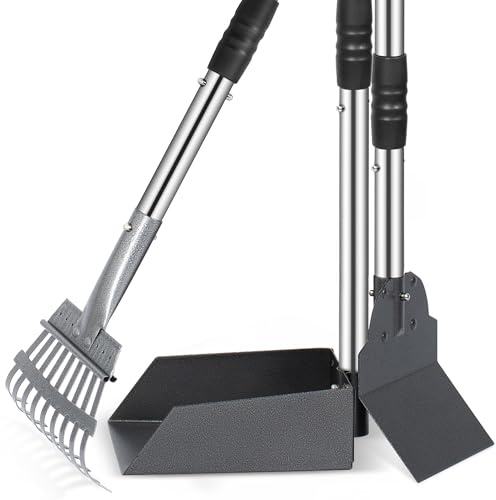 Heeyoo Dog Pooper Scooper, Dog Poop Tray and Rake Set, Pet Waste Removal Scoop with Long Adjustable Sectional Stainless Handles
