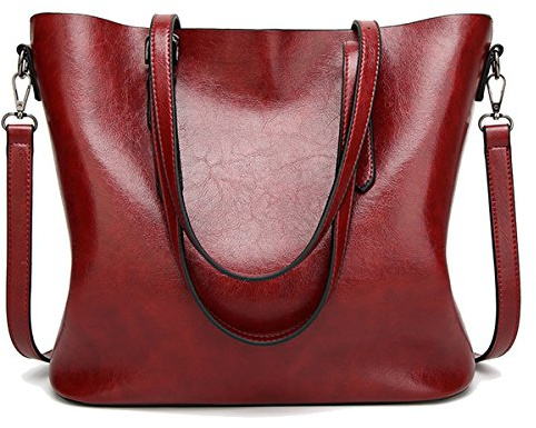 Coolives Damen Tote Shopper Tasche Schultertasche mit Schultergurt Umhängetasche Handtasche aus PU-Leder Weinrot EINWEG