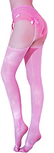 HTRUIYA Women's Suspender Integrated Stocking Oily Shiny Silky Sexy Suspenders Pantyhose Tights 8 Denier Pink