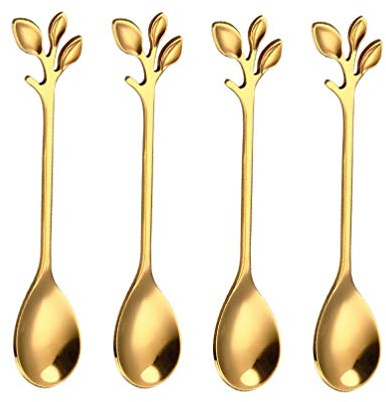 10 Pack Stainless Steel Leaf Coffee Spoon Tableware Dessert Spoons, Stirring, Mixing, Sugar, Stir, Ice Cream, Cake, Teaspoon 4.7 inch Gold