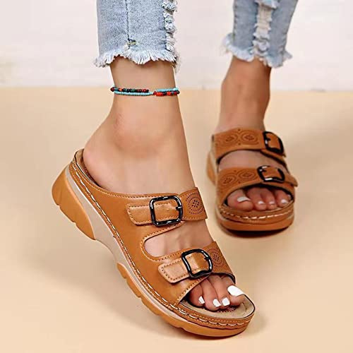 EXECAB Sandales pour Femmes orthopédiques Orteil correcteur Sandales Plate-Forme été PU Cuir Correction Sandales soulagement Oignon Douleur Chaussures Sandales,Kaki,38