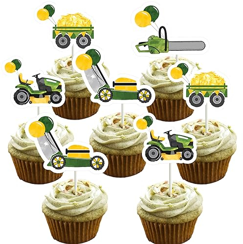 Sursurprise 24 Pieces Lawnmower Birthday Cupcake Toppers, Green Tractor Cupcake Toppers for Boys, Lawnmower Birthday Decor, Farm Themed Parties Tractor Time Party Supplies
