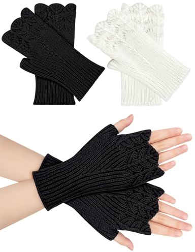 Becellen 2 Paires Gants sans Doigts Hiver, Demi-Doigts Tricotés Chaud Gants Mitaine Poignets pour Femme Fille