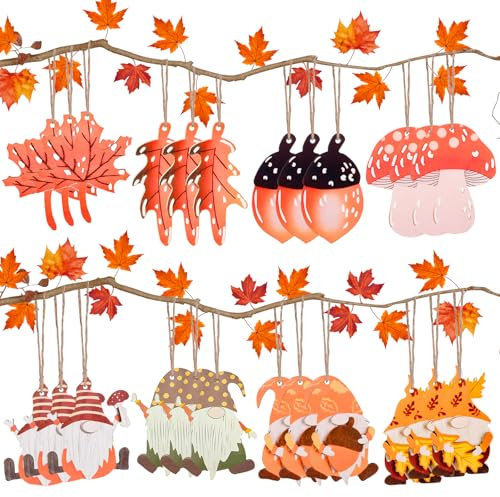 24 Pezzi Ornamenti in Legno Autunnali per il Ringraziamento, Decorazioni per l'albero d'autunno, Ornamenti in Legno Appesi con Corda per il Ringraziamento, per le Decorazioni delle Feste Autunnali