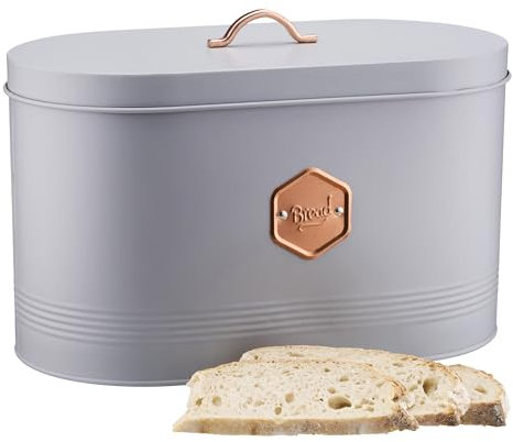 Cooks Professional Bread Bin | Modern Stylish Kitchen Countertop Labelled Metal Storage Canister | Breathable Container Box for Loaves, Pastries, Rolls | Grey & Copper