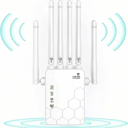 WiFi Repeater, 1200 MPS Dual Band 5GHz und 2.4GHz WiFi Extender, Repeater/Router/AP Modus, WiFi Signalverstärker mit 6 leistungsstarken Antennen, 2 LAN Ports, passend für Zuhause/Büro, etc.