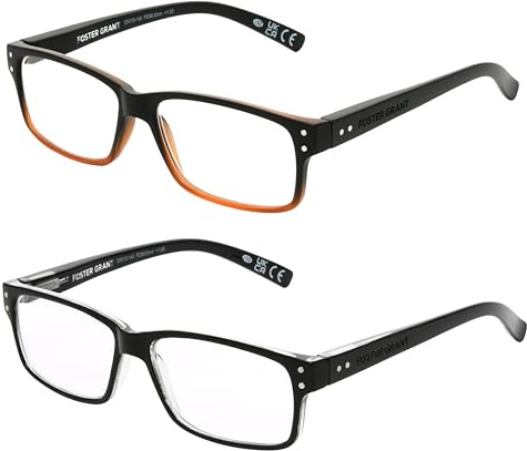 Foster Grant Men's Rowan 2-Pack Square Reading Glasses, Black- Brown Fade, Black, 37.5 mm, 2 Diopters