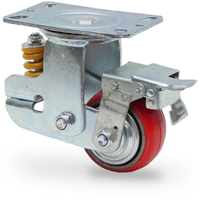 Heavy Duty Shock Absorbing Caster Wheel Spring-Loaded Caster Industrial Grade Polyurethane, Wear Resistant 4 Caster Wheels, Fixed, Swivel w Brake - Shock Absorbing Design