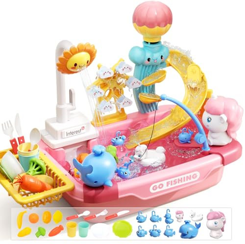 CUTE STONE Évier de Jeu avec Eau Courante, évier avec Robinet électrique, Jeu de pêche, Accessoires de Cuisine, Piste de Jeu Aquatique, Lave-Vaisselle et Table à Eau d'extérieur pour Petites Filles