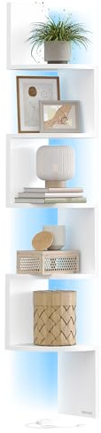 VASAGLE Eckregal mit LED-Beleuchtung, Wandregal 5 Ebenen, Schweberegal für Bücher, Bücherregal, Pflanzenregal für Schlafzimmer, Wohnzimmer, Badezimmer, Homeoffice, mattweiß LBC630W01