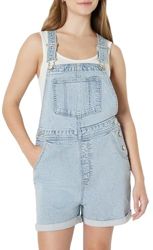 Amazon Essentials Salopette Corta in Denim, Mediamente Elasticizzata, con Spalline Regolabili, Vestibilità Comoda Donna, Lavaggio leggero classico, L