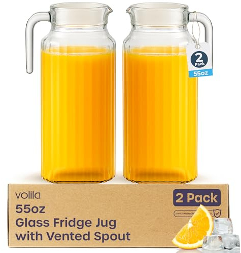 Carafe en Verre 1,7L avec Couvercle (Lot de 2) – Pichet d’Eau Transparent avec Design Cannelé & Poignée pour Étagère de Réfrigérateur & Usage Quotidien avec Bec Aéré