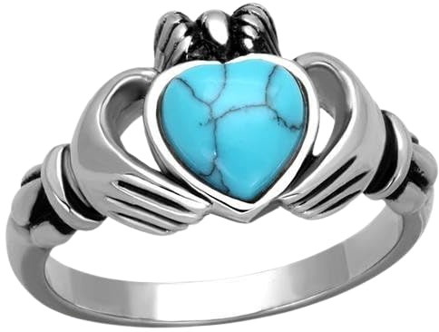 YourJewelleryBox Claddagh Ring Turquoise Heart Blue Stainless Steel Irish Stamped 1770 (N)