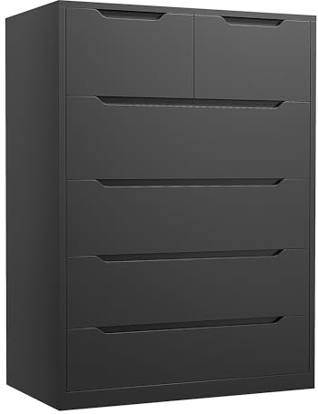 Romorgniz Dresser for Bedrom with 6 Large Drawers, Tall Chest of Drawers Modern Wooden Dresser for Living Room, Entryway, Hallway, Black, 43.2 H X 27.6 W X15.6 D