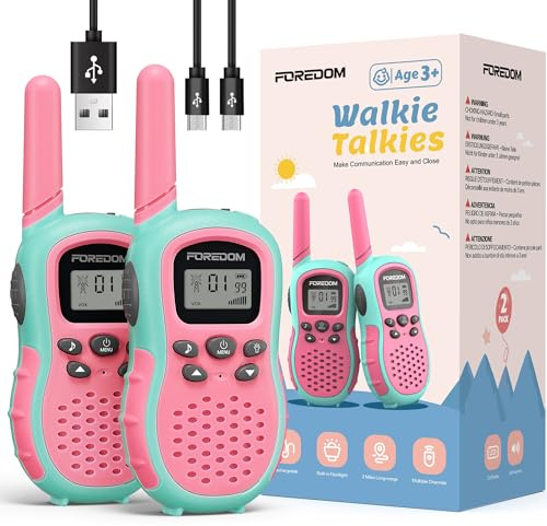 FOREDOM Walkie Talkie Ricaricabili per Bambini di Età Compresa tra 3 e 12 Anni Regalo di Compleanno con Torcia, Confezione da 2 – Rosa