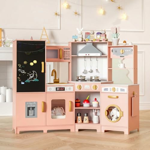 MAMIZO Wooden Corner Play Kitchen, Interactive Toddler Pretend Kids Kitchen | Playset with Blackboard, Stove & Range Hood with Light & Sound, Ice Maker, Washing Machine, 6 Toy Set