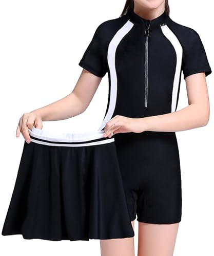 ADUDVLO 2in1 Swimming Costume for Girls,One-Piece Kids Swimsuit with Skirt, Short Sleeve Swimming Costume 8-13 Swimsuit Girls (UK, Age, One Size, Regular, 9-10 Years, Black)