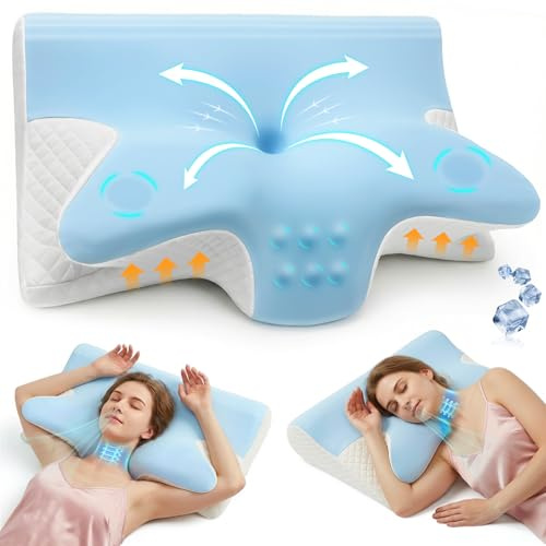 Rokehr Cervical Memory Foam Pillow, Neck Support for Side and Back Sleepers | Butterfly contour with arm cut-outs and slow-rebound foam supports side, back and front sleepers in 2 heights.