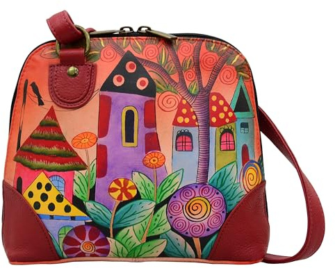 Anna by Anuschka Women's Leather Small Zip-Around Handbag, Multi Compartment Organizer, Dipinto a Mano Originale Opera d'Arte Donna, Villaggio dei Sogni, Einheitsgröße
