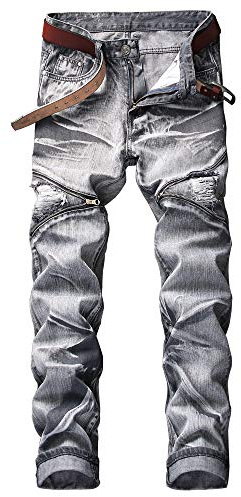 AITITIA Men's Biker Zipper Deco Washed Straight Fit Jean (30W x 31L, Gray)