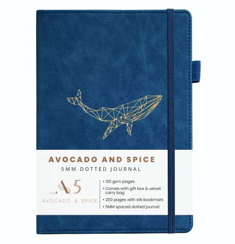 Avocado & Spice Bullet Journal Dotted A5 – Notizbuch gepunktet als Tagesplaner usw. – Notizbuch A5 Dotted mit Geschenkbox, Lesezeichen, Elastischem Band & Stifthalter, 200 Seiten (Blau, Dotted)