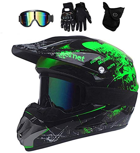 UIGJIOG Motorradhelm,Motocross Helm,Helm Kinder,Helmets Kinder-Cross-Helm, Road Helm mit Handschuhe Maske Brille, ATV Helm,Grün,L(56~57cm)