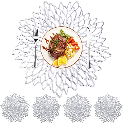 MI CASA Platzsets Abwaschbar 4er Set - inkl. 4 Untersetzer, Ausgehöhlte Tischsets Platzsets Silber Rund, 38cm Platzdeckchen Placemat Platzteller Tischdekoration für Hochzeit Weihnachten Esstisch