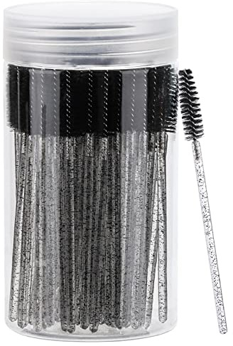 100 Pcs Disposable Mascara Wands, Crystal Eyebrow Spoolies Brush for Eyelash Extensions, Black Lash Brushes with Container
