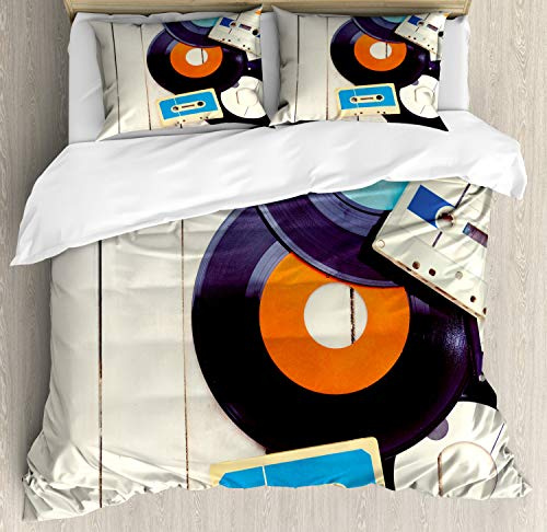 Ambesonne Indie Duvet Cover Sets, Gramophone Records and Old Audio Cassettes on Wooden Table Nostalgia Music, Bedding Set with 2 Duvet Covers & 4 Pillowcases, 2 Pack Queen Size, Blue Orange Black