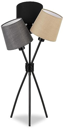 REV – Tischlampe im Vintage-Look – Schreibtischlampe mit 3 Leinen-Lampenschirmen in Schwarz, Beige & Grau – Nachttischlampe mit E14 Fassung, H61cm