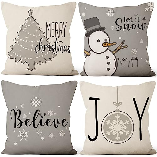 Hnmdmyi Kissenbezug Weihnachten 40x40 4er Set, Grau Bauernhaus Fröhlicher Weihnachtsbaum Let It Snow Believe Joy Winter Urlaub Dekorative Kissenbezüge Leinen Kissenhülle für Sofa Couch Home Decor