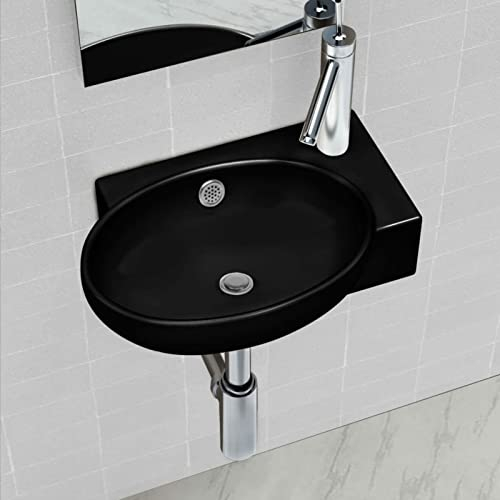 BaraSh Lavabo Redondo de cerámica con Orificio de Grifo/desagüe Negro Lavabos PequeñOs