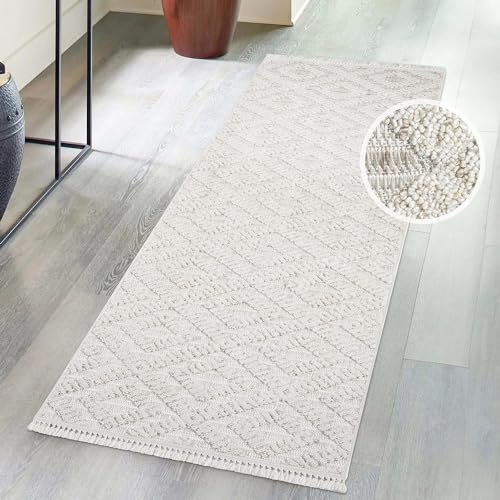 carpet city Kurzflor Teppich Wohnzimmer Creme - 80x300 cm Läufer - Raute-Optik, 3D-Look - Fransen-Teppiche Modern, Boho für Schlafzimmer, Esszimmer