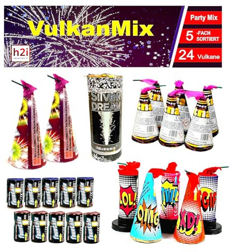 h2i Vulkan Mix | 24 St. | 5fach Sortiert | Outdoor Vulkan Mix für Silvester, Halloween & Partys | Kinder & Jugendfeuerwerk | Ganzjahresfeuerwerk Kat 1