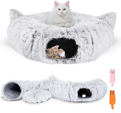 3-in-1 Cat Tunnel Bed – Cat Tunnels & Cat Beds for Indoor Cats with Catnip Toys – Cat Bed Cave & Peekaboo Cat Hideaway – Foldable Interactive Cat, Kitty & Kitten Toys