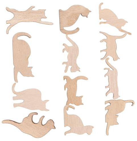 SEWACC 12 trucioli di legno per gatti di Halloween, ritagli di animali incompiuti graffiti, trucioli di legno incompiuti ritagli di legno pendenti in legno fai da te