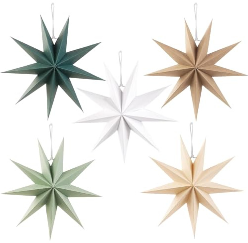 Lot de 5 étoiles en papier de 30 cm - 9 branches - Décoration de table pour Noël, mariage, anniversaire, décoration de table (5 couleurs)