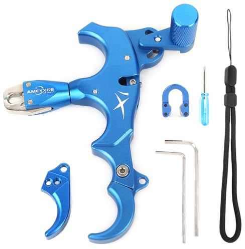 SHARROW Tir à Arc Déclencheur d'arc à Poulies Release Aids Arc Compound 3 ou 4 Doigts Interchangeables Aluminium Aides de Dégagement du Pouce avec Métal D Loop (Bleu)