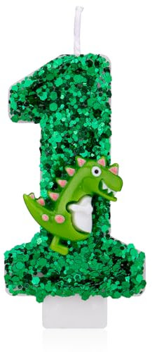 Dinosaurier-Geburtstagskerze, Grüne Pailletten Geburtstagskerze Zahlenkerze 3D-Dinosaurier Kuchenkerze für Geburtstagsparty Dinosaurier Mottoparty Dekorationen (1)