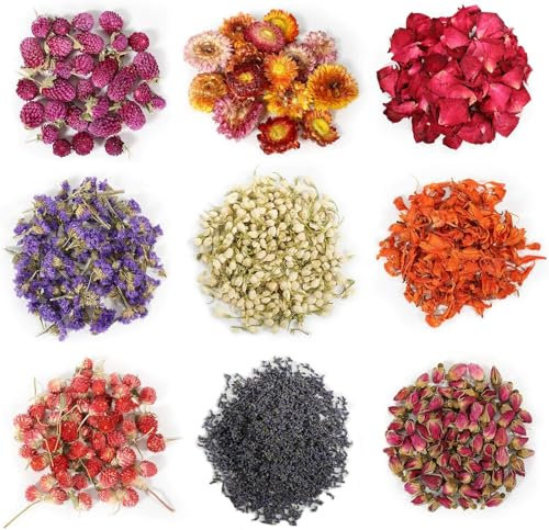 9 confezioni di tipi di fiori secchi per il sapone Erbe secche e petali di erbe kit gelsomino lavanda nontiscordardime rosa giglio prugne rosse...per la fabbricazione di sapone candela fare