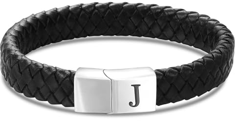 HSWYFCJY Bracciale In Pelle Da Uomo Catena Bracciale Personalizzato Con Lettere J, Chiusura A Strappo Bracciales In Pelle Intrecciata Nera Da Uomo Braccialetto Avvolgente, Regalo Per Il Padre