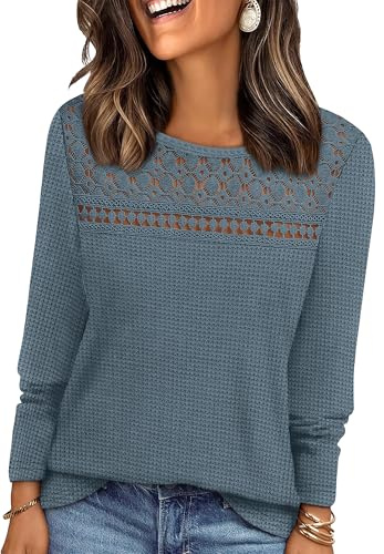 WIHOLL Women Jumpers Long Sleeve Tops Womens Lace Blouse Trendy Waffle Knit Jumpers Dressy Casual